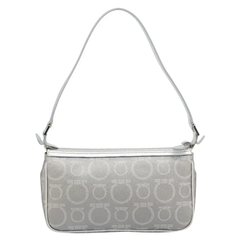 Salvatore Ferragamo Leather Coated Canvas Hand Pouch Silver